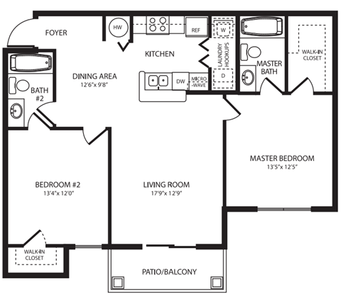 Floor plan for 2 beds, 2 baths, 943 sqft